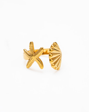 Gold Plated Stainless Steel Starfish & Shell Ring