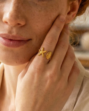 Gold Plated Stainless Steel Starfish & Shell Ring