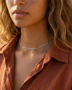 Ασημί κολιέ choker paperclip 14 ιντσών από ανοξείδωτο ατσάλι, αδιάβροχο και υποαλλεργικό (IANASSA)